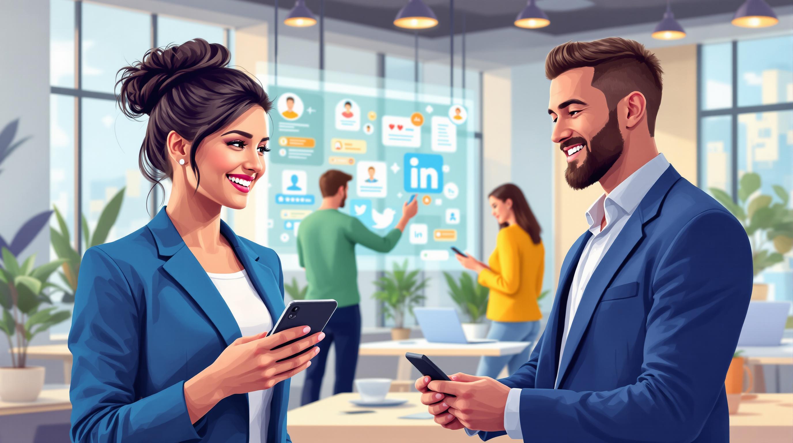 Two professionals interacting in an office, representing connection