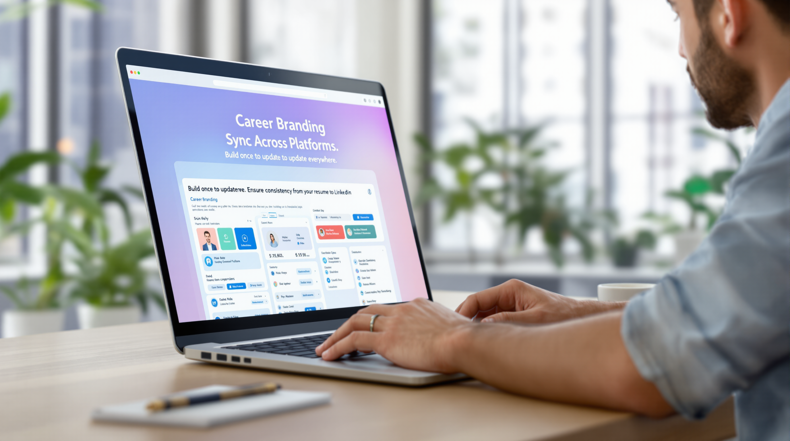 Person using a laptop showing a career branding platform interface