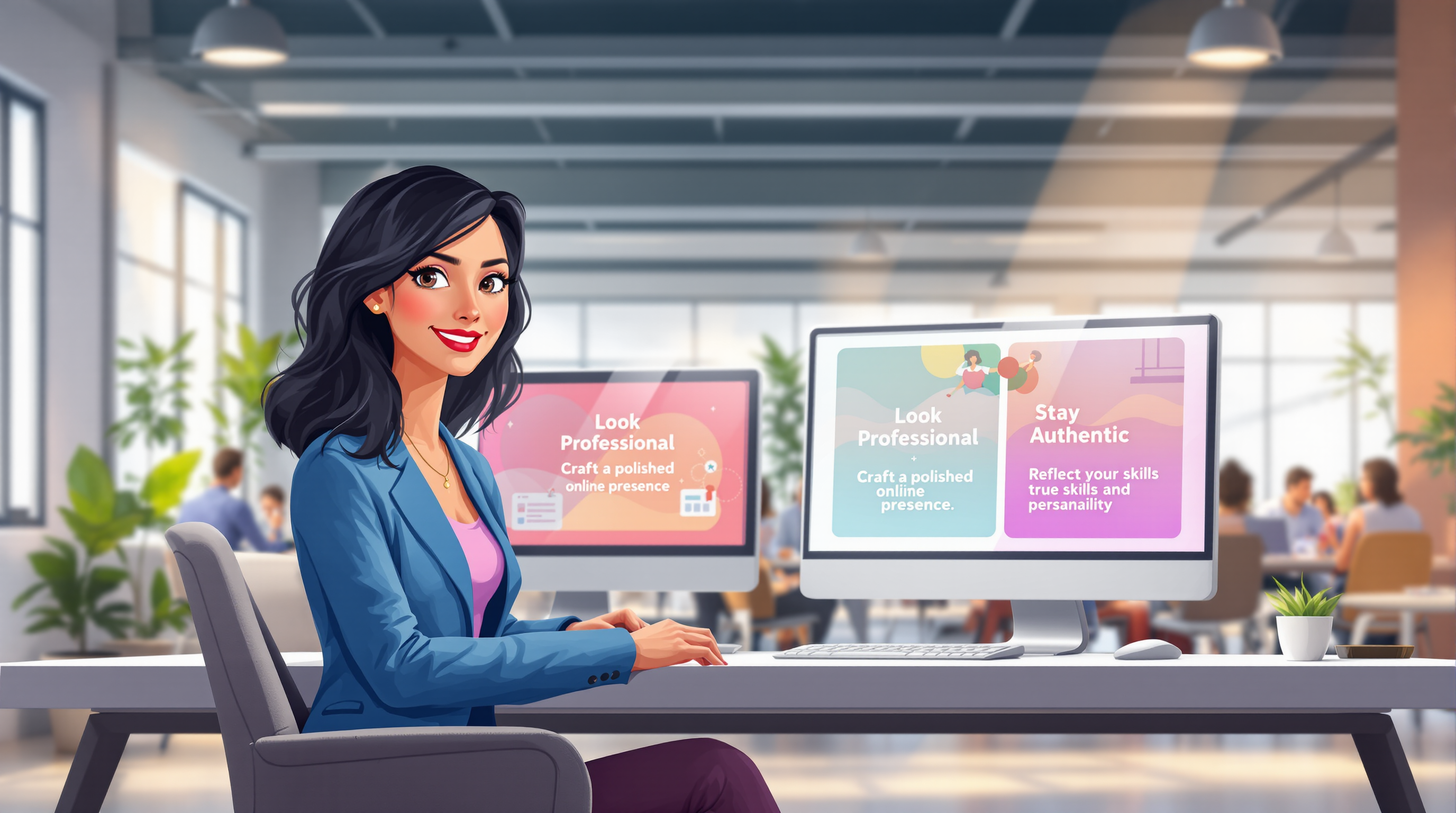 Professional woman at a desk with computer screens showing branding concepts